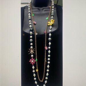 Betsey Johnson Double Strand Necklace w/Faux Pearls Bugs & Flowers 46”